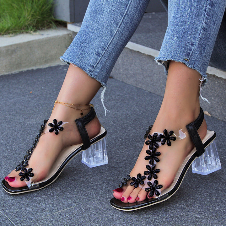 Sabine Floral Rhinestone Block Heels