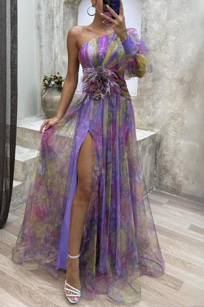 Aaliyah Floral One-Shoulder Layered Tulle Gown