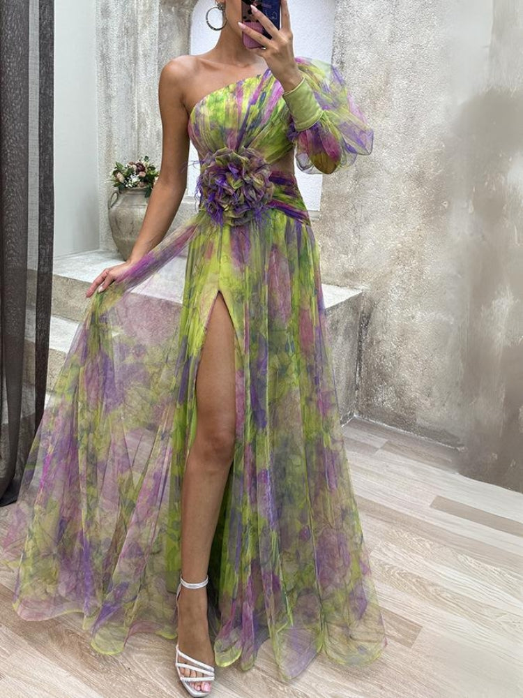 Aaliyah Floral One-Shoulder Layered Tulle Gown