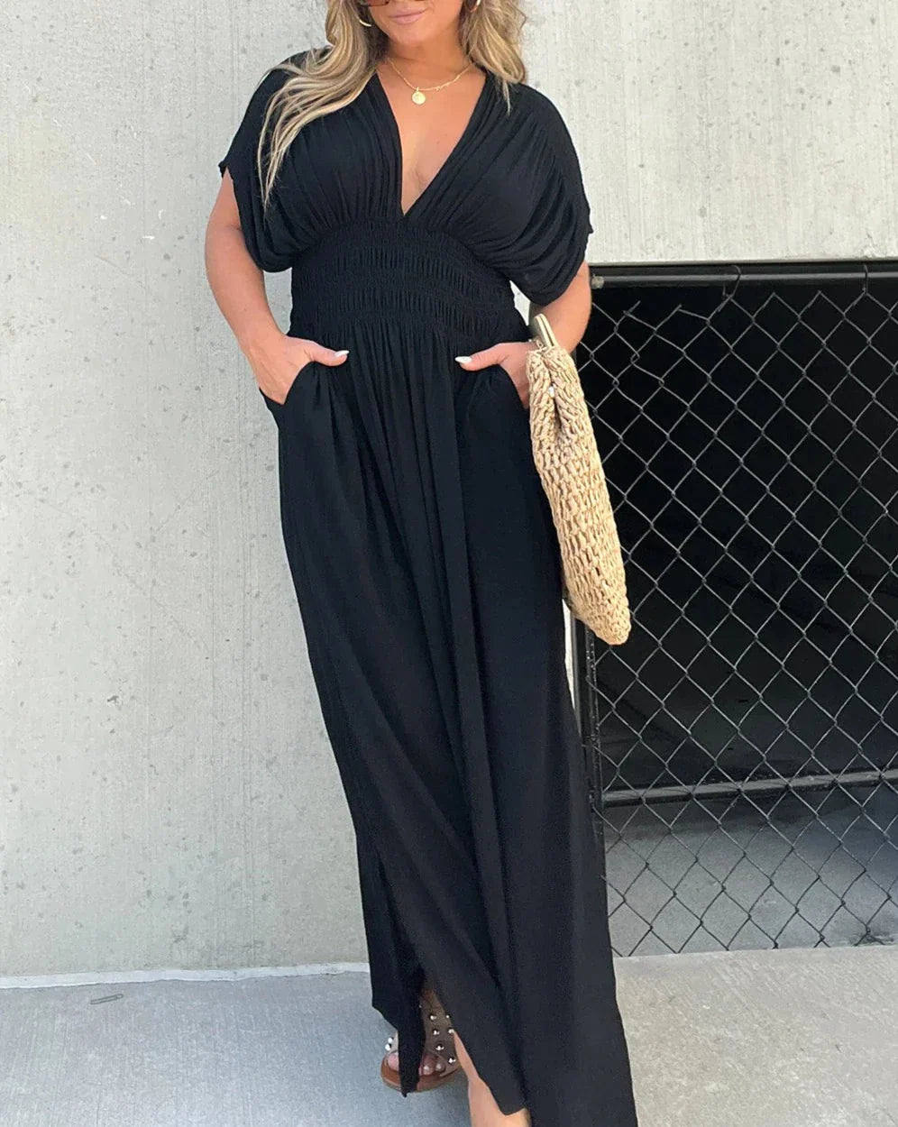 Mabel Elasticated V-Neck Maxi Dress