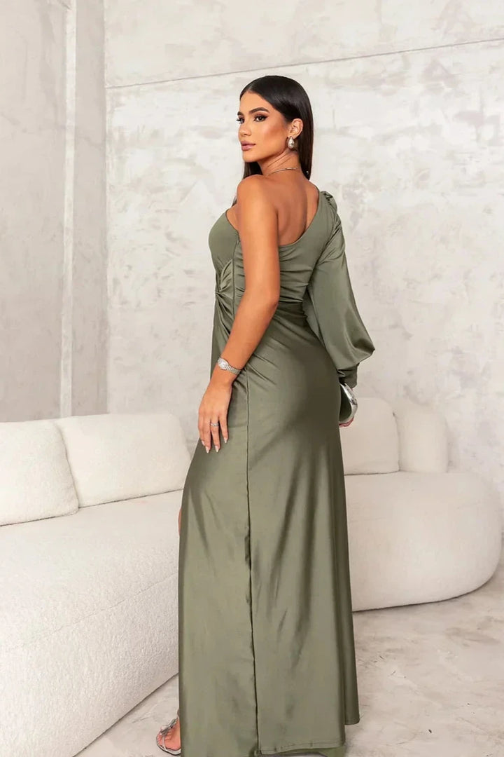 Althea Draped Sleeve Twist Satin Gown