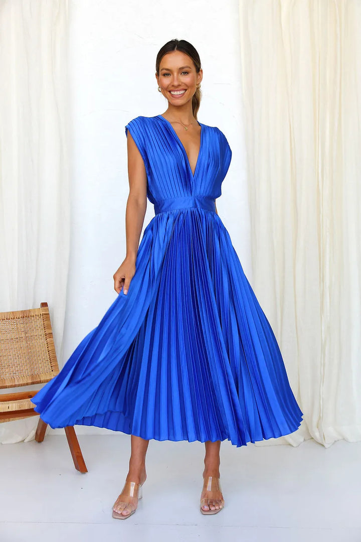 Asha Pleated Plunge Midi Dress