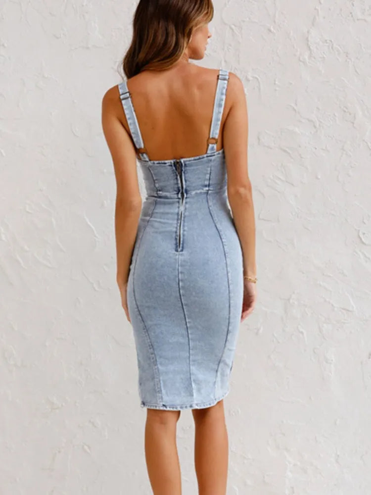 Kendra Adjustable Strap Denim Midi Dress