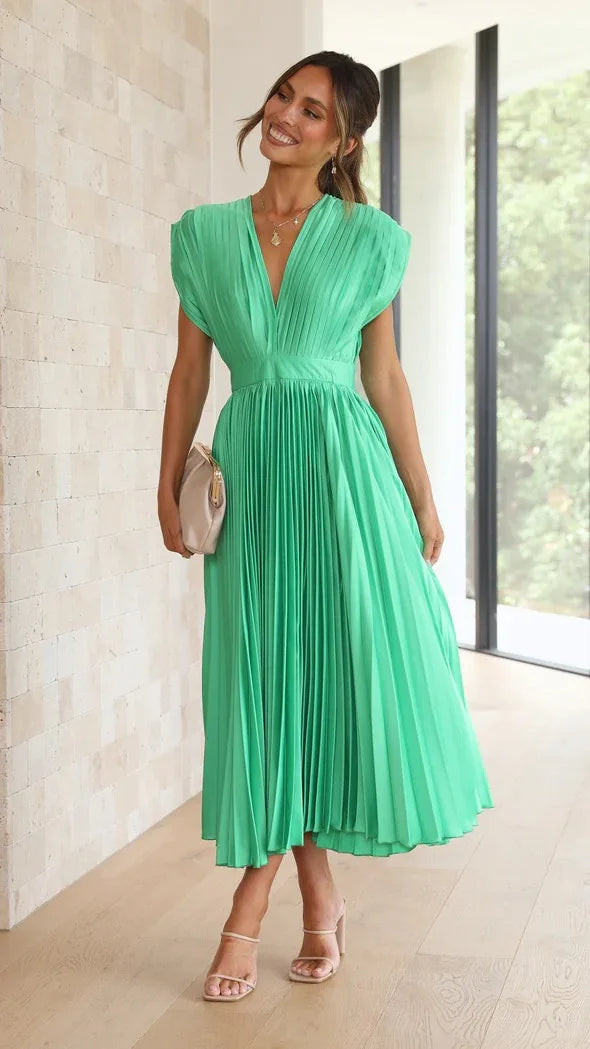 Asha Pleated Plunge Midi Dress