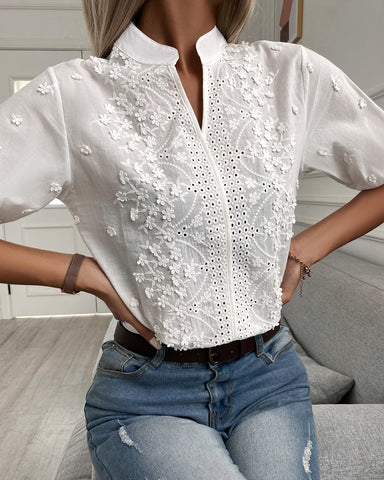 Emberly Mandarin Collar V-Neck Blouse