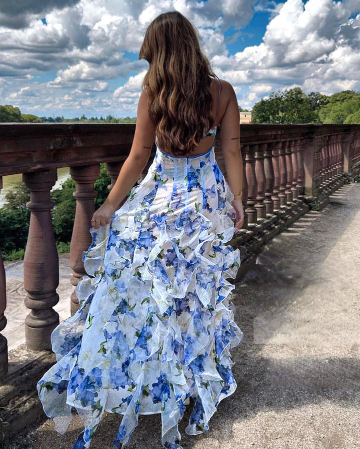 Vivi Ruffled Blue Floral Maxi Dress