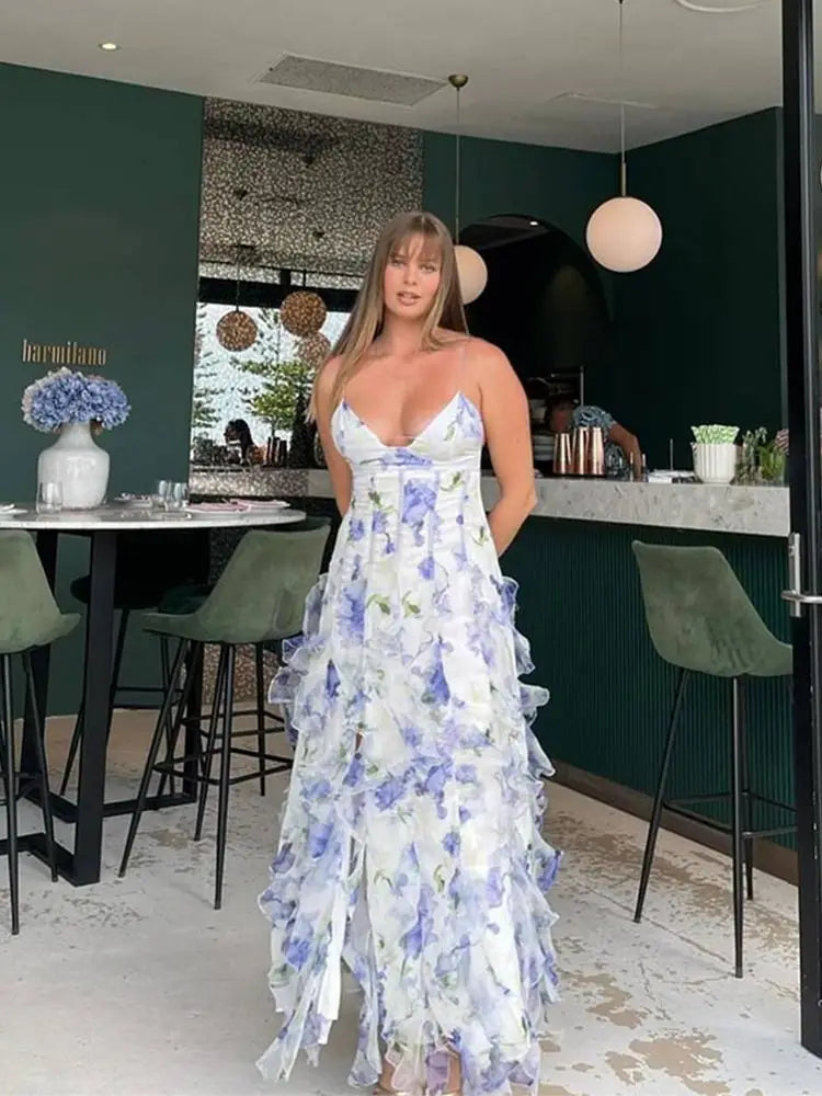 Vivi Ruffled Blue Floral Maxi Dress