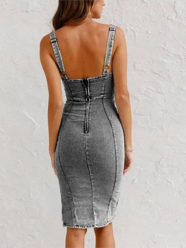 Kendra Adjustable Strap Denim Midi Dress