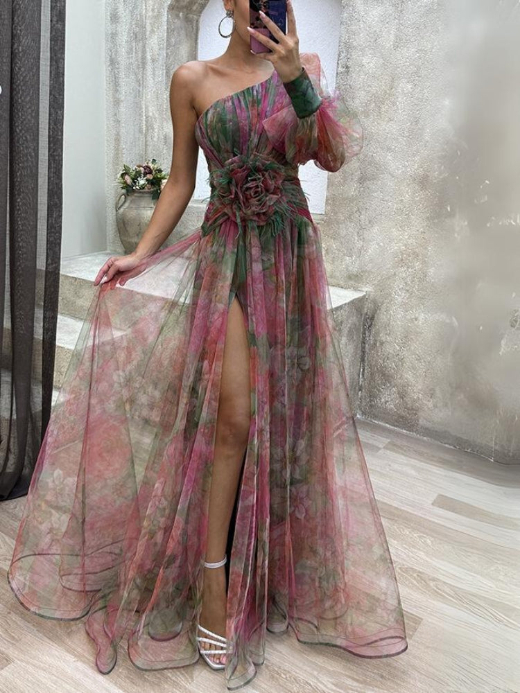 Aaliyah Floral One-Shoulder Layered Tulle Gown