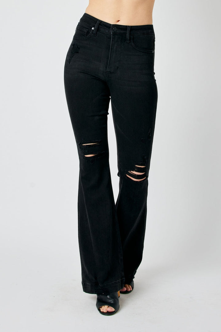 Myracle High Rise Tummy Control Distressed Flare Jeans