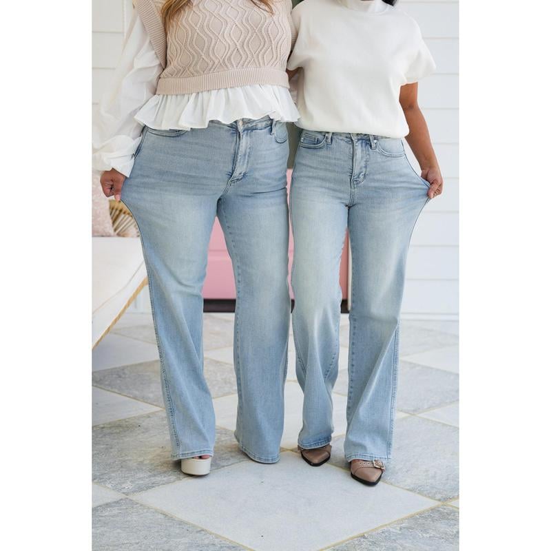 Myracle High Rise Tummy Control Straight Leg Jeans - Light Blue