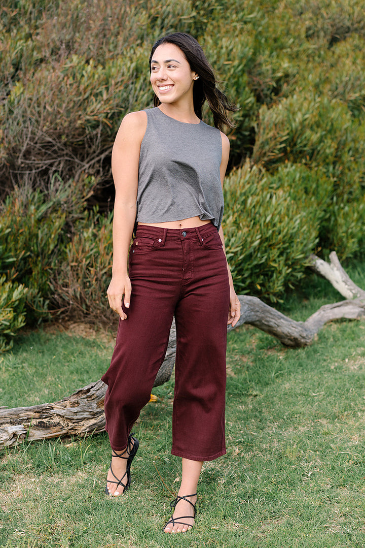 Myracle High Rise Tummy Control Cropped Wide Leg Jeans - Burgundy