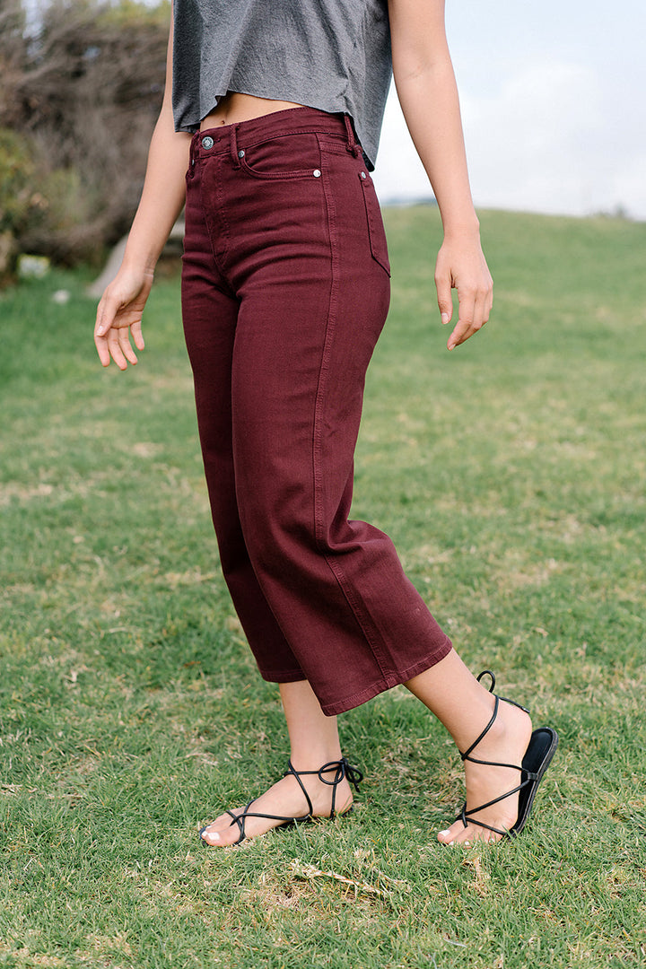 Myracle High Rise Tummy Control Cropped Wide Leg Jeans - Burgundy