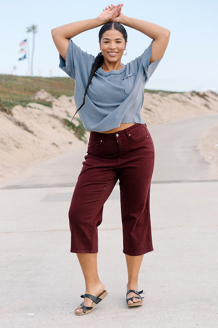 Myracle CURVE High Rise Tummy Control Cropped Wide Leg Jeans - Burgundy