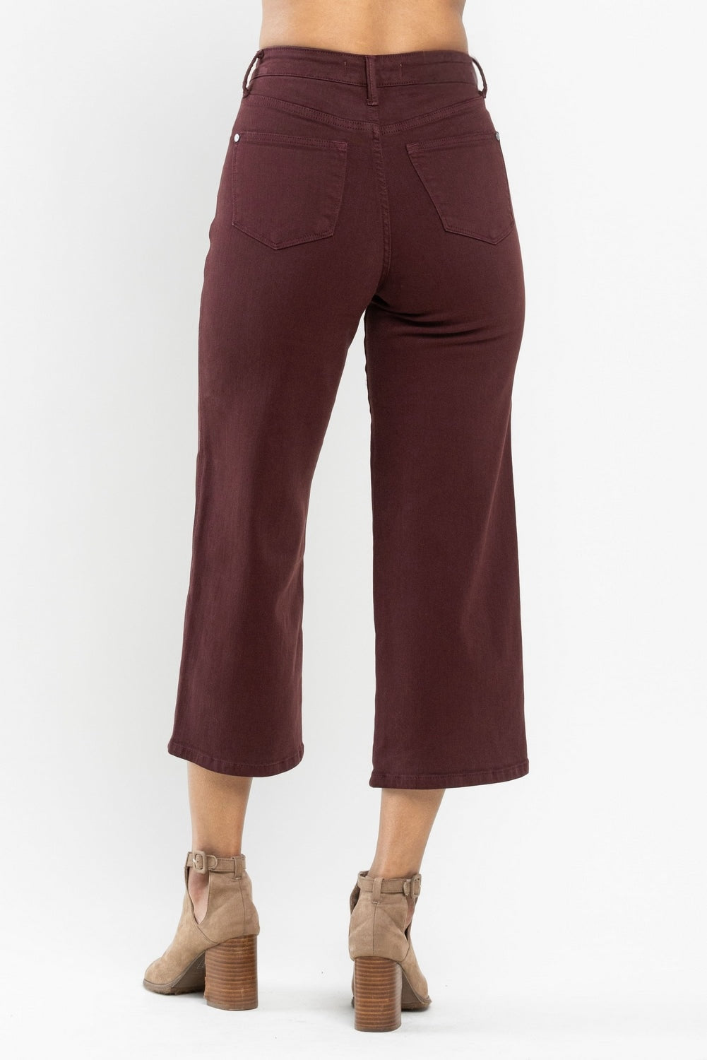 Myracle CURVE High Rise Tummy Control Cropped Wide Leg Jeans - Burgundy