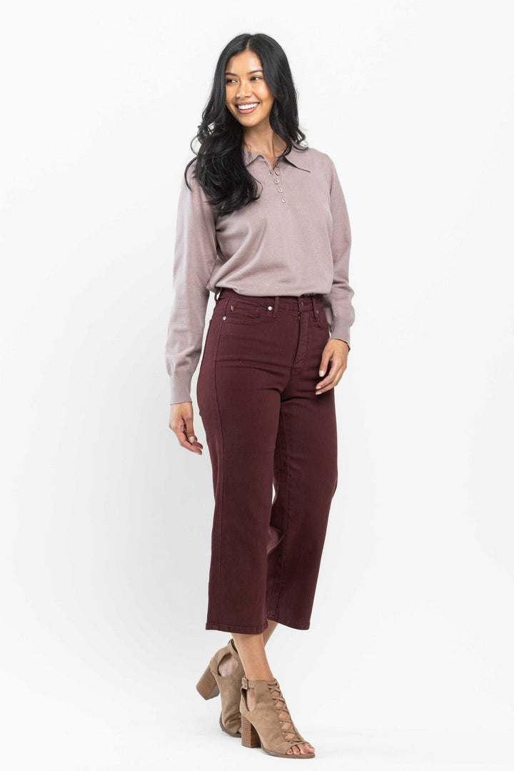 Myracle High Rise Tummy Control Cropped Wide Leg Jeans - Burgundy