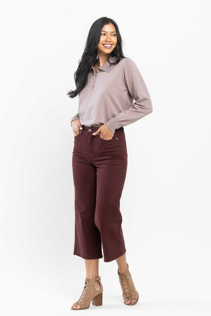 Myracle CURVE High Rise Tummy Control Cropped Wide Leg Jeans - Burgundy