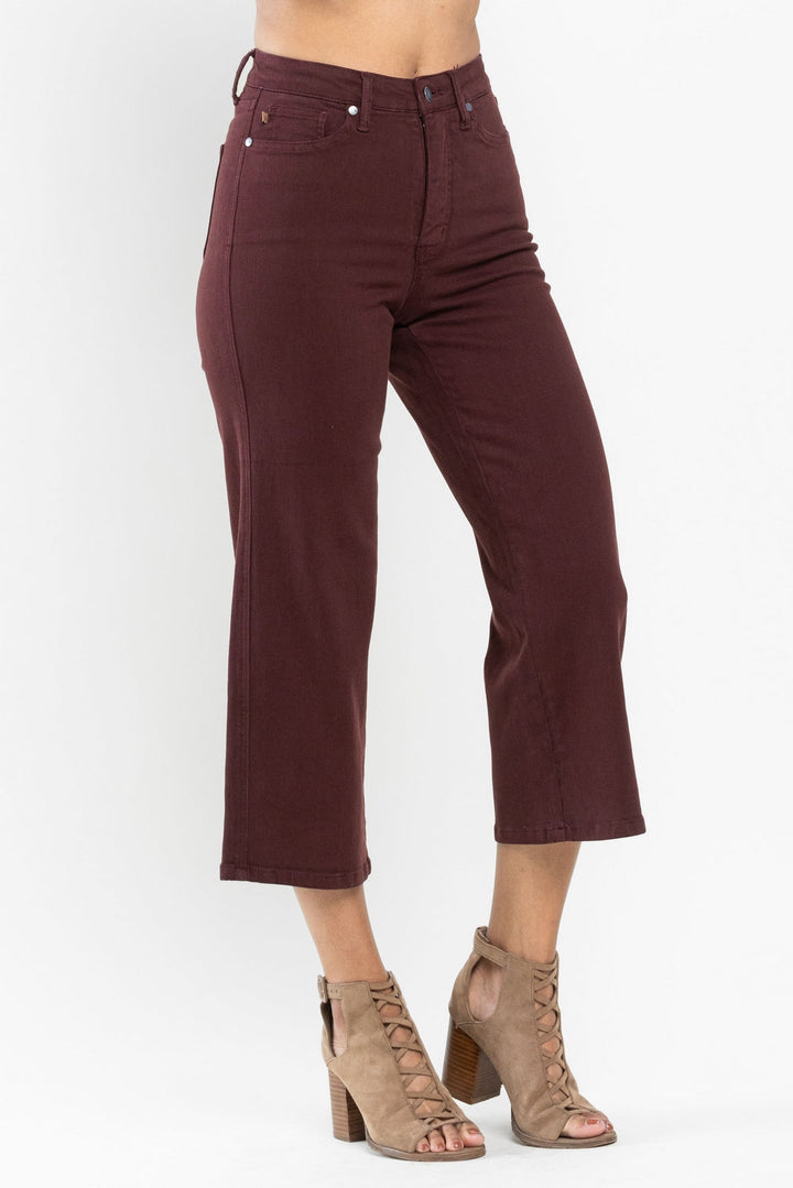 Myracle CURVE High Rise Tummy Control Cropped Wide Leg Jeans - Burgundy