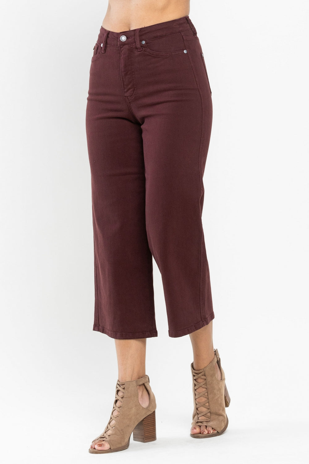 Myracle CURVE High Rise Tummy Control Cropped Wide Leg Jeans - Burgundy