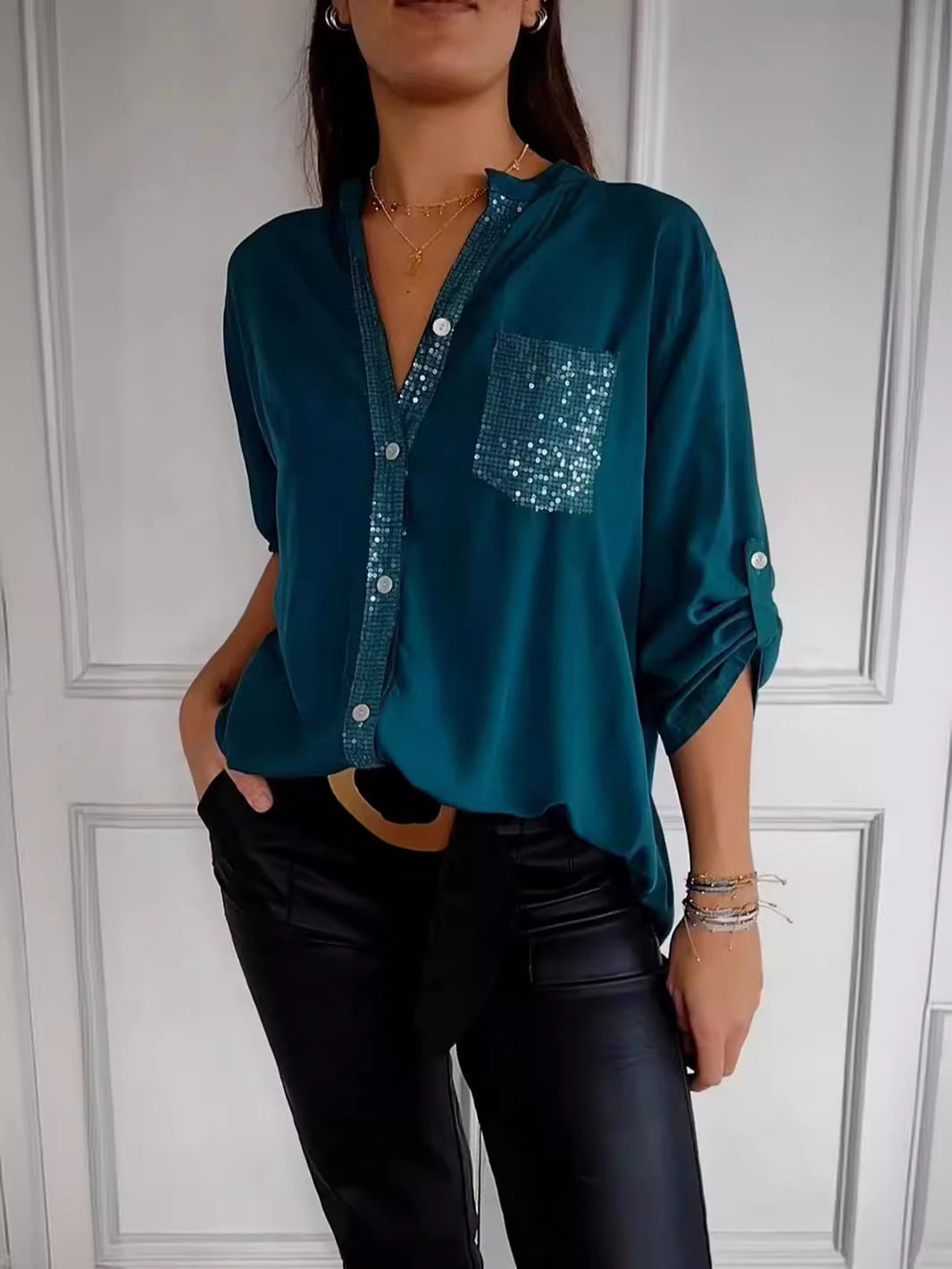 Isola Sequin Pocket Button Down Shirt