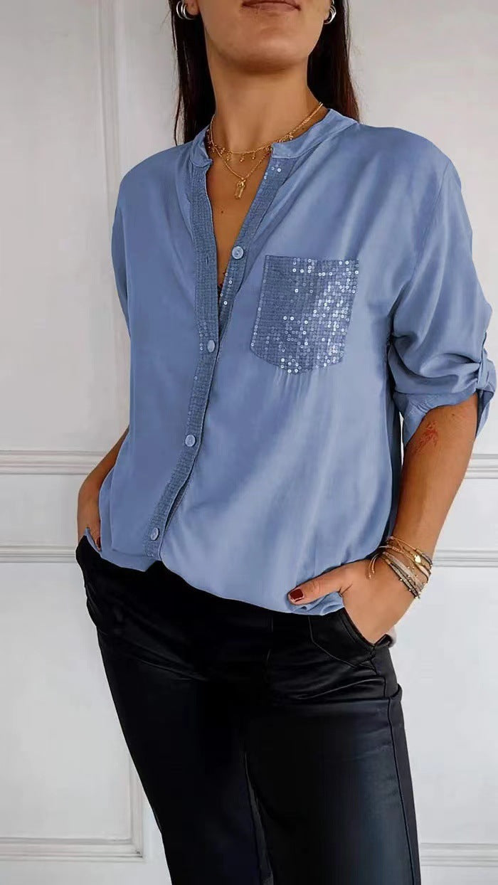 Isola Sequin Pocket Button Down Shirt