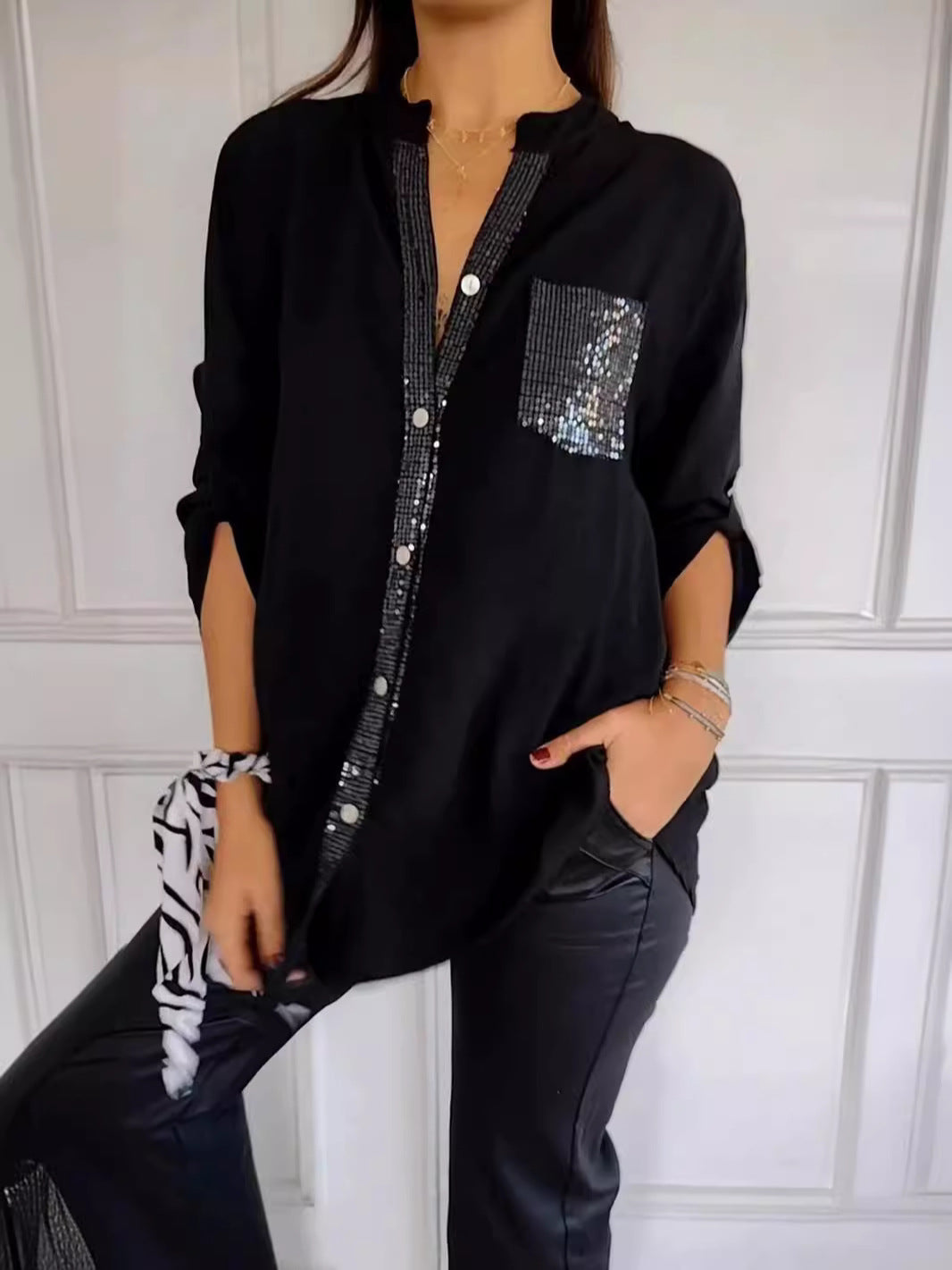 Isola Sequin Pocket Button Down Shirt