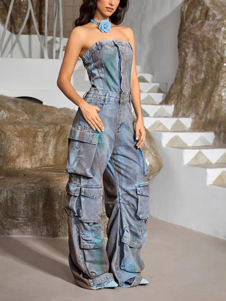 Nyx Strapless Denim Cargo Jumpsuit