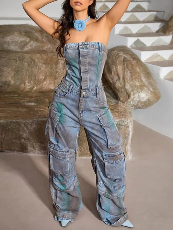 Nyx Strapless Denim Cargo Jumpsuit