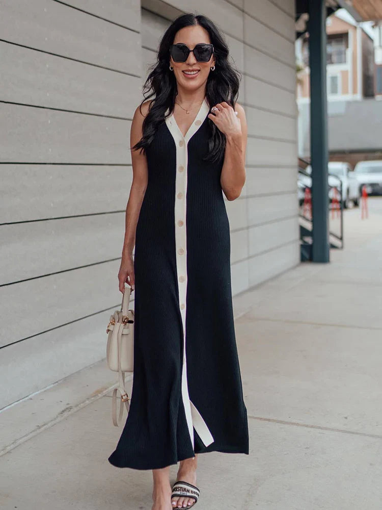 Suri Contrast Button-Front Sleeveless Maxi Dress