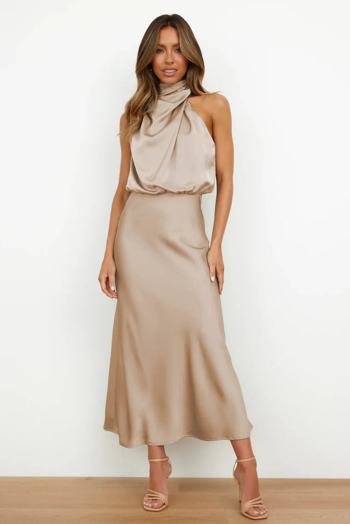 Solace High Neck Satin Column Dress