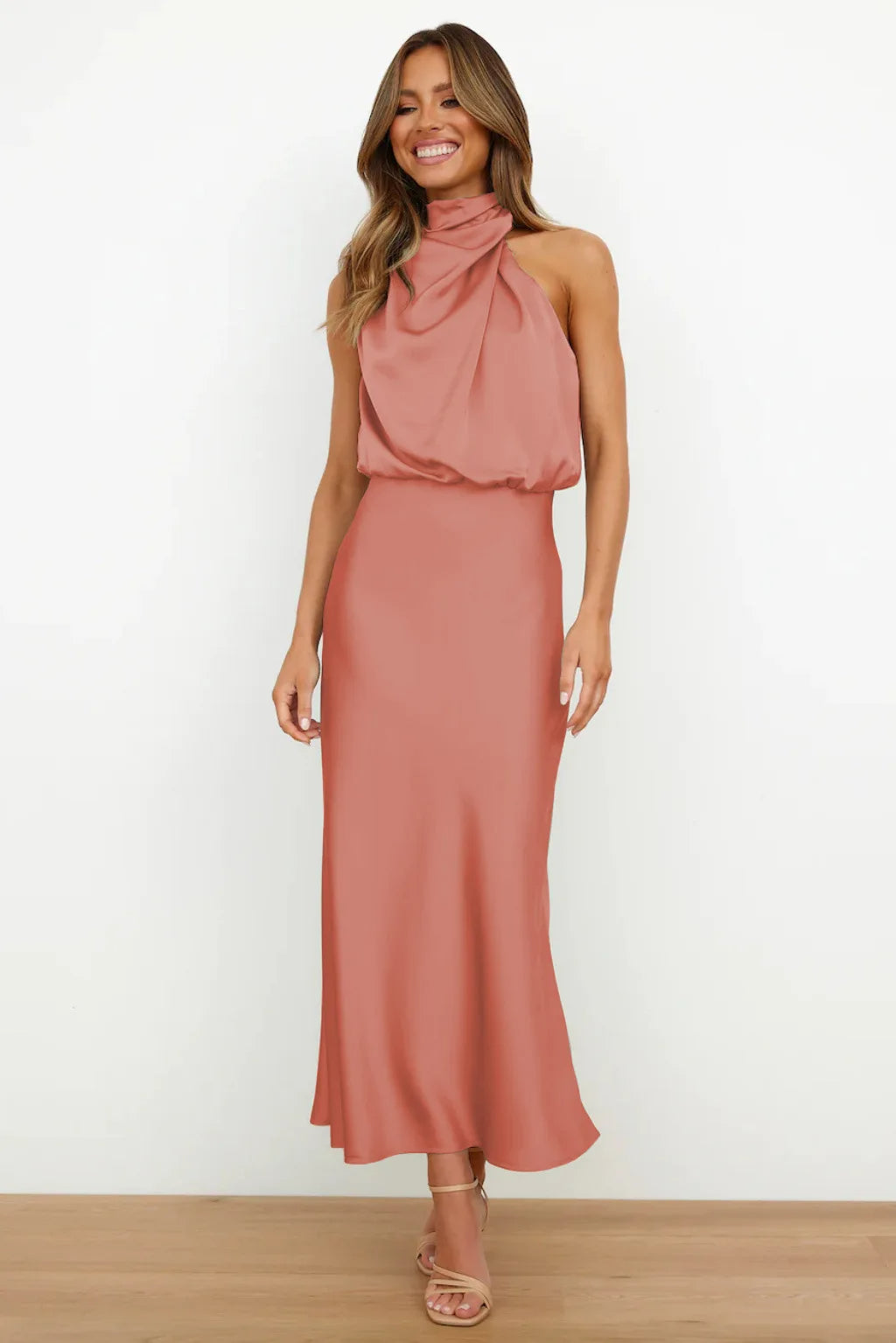 Solace High Neck Satin Column Dress