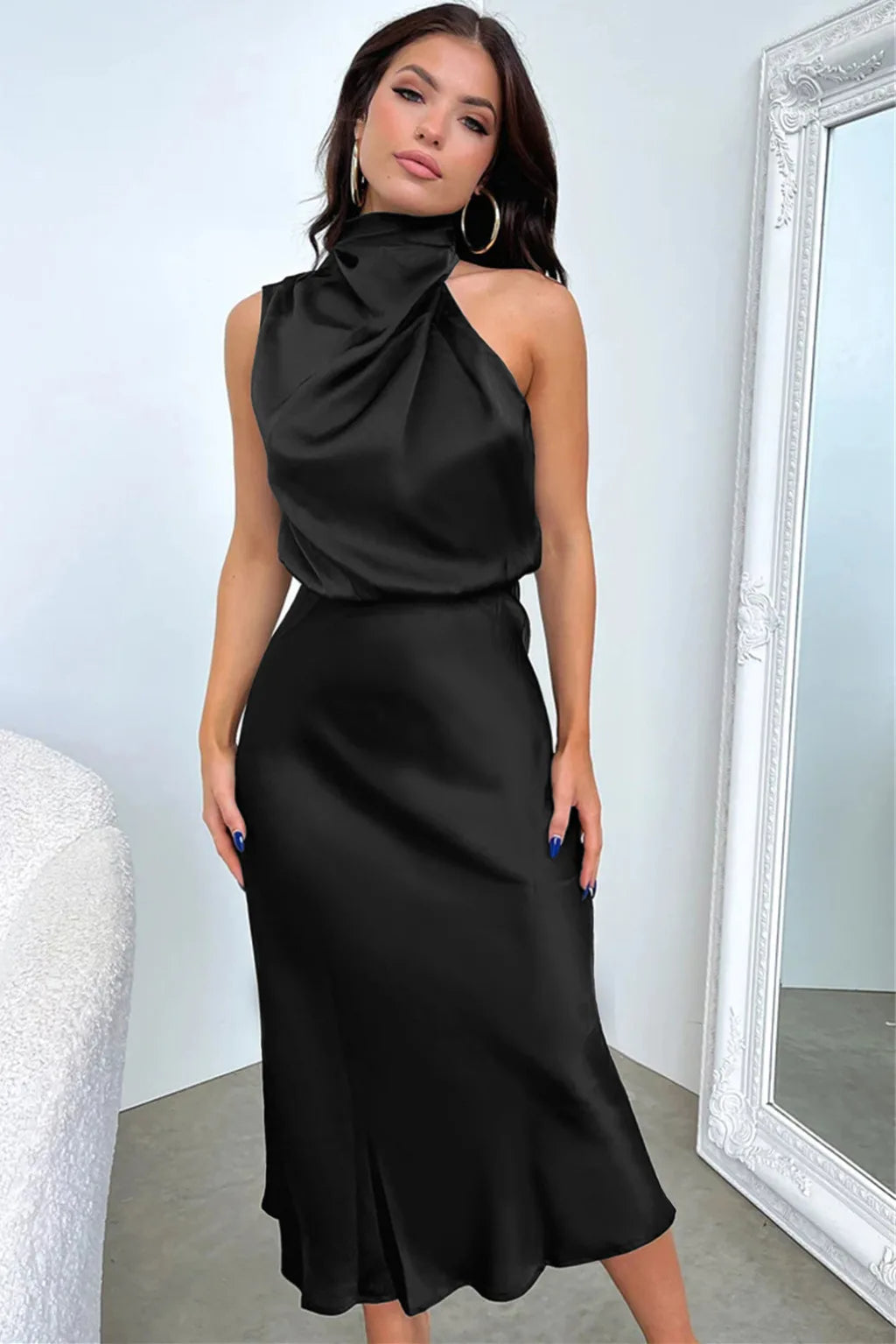 Solace High Neck Satin Column Dress