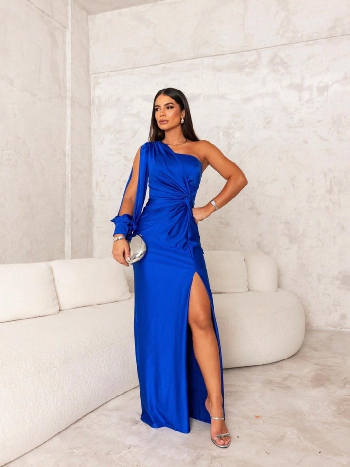 Althea Draped Sleeve Twist Satin Gown