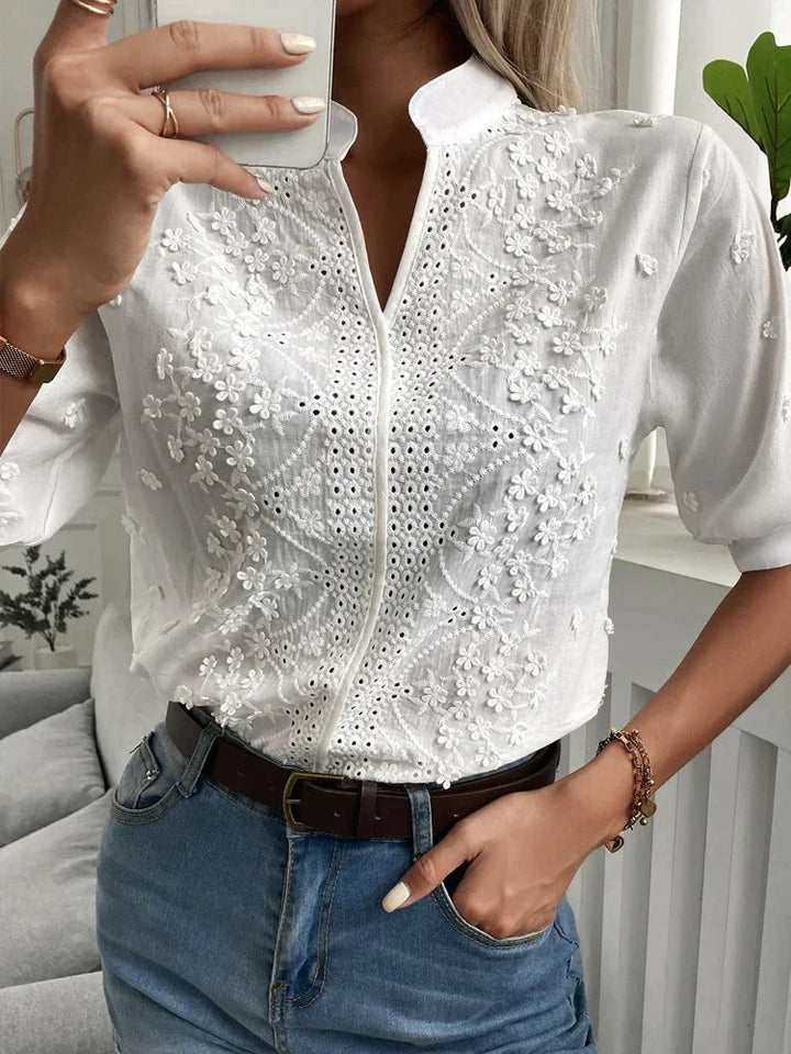 Emberly Mandarin Collar V-Neck Blouse