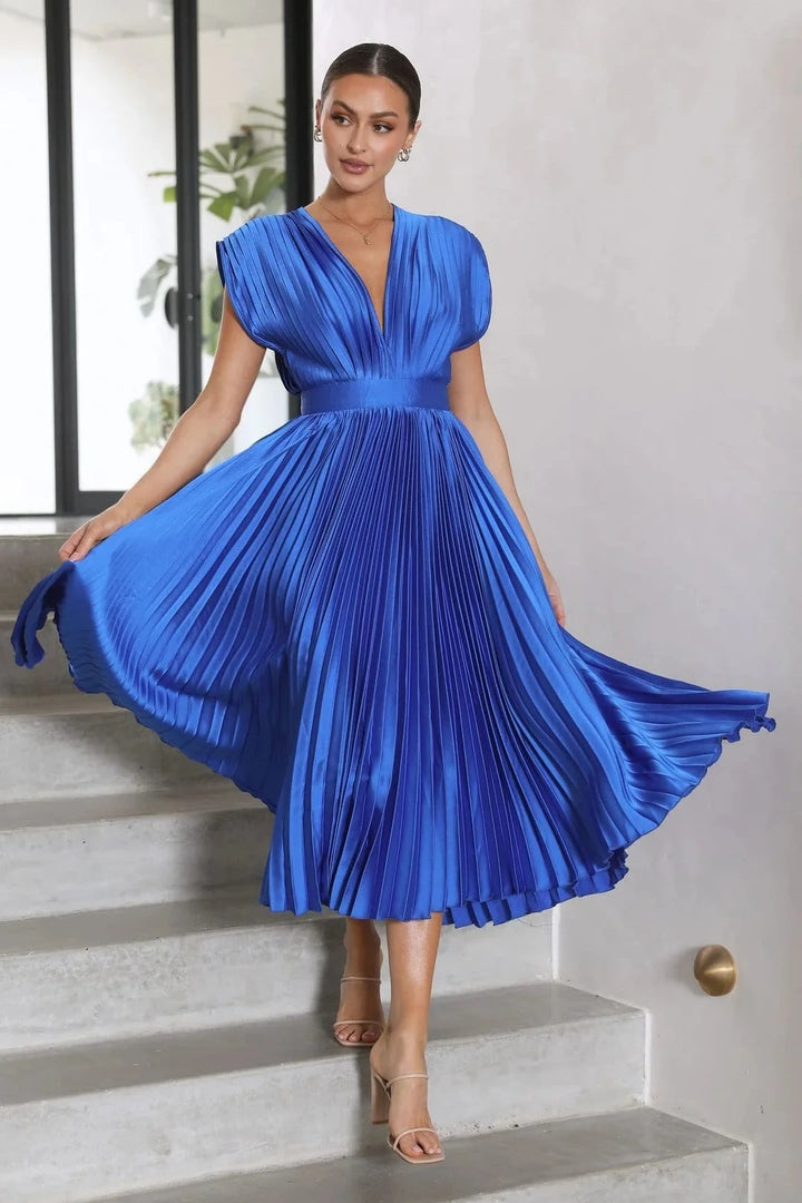 Asha Pleated Plunge Midi Dress