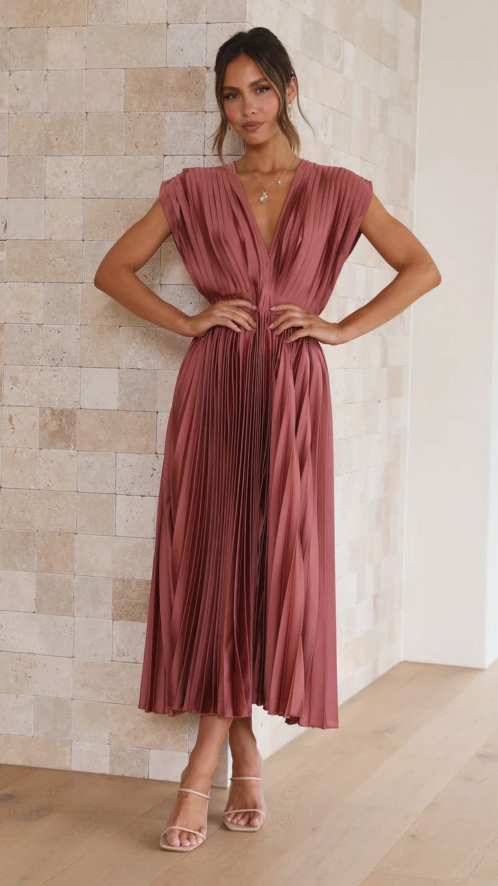 Asha Pleated Plunge Midi Dress