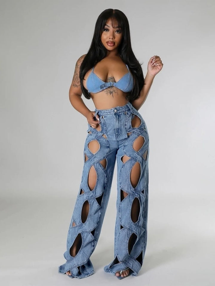 Zella Cut Out Wide Leg Jeans