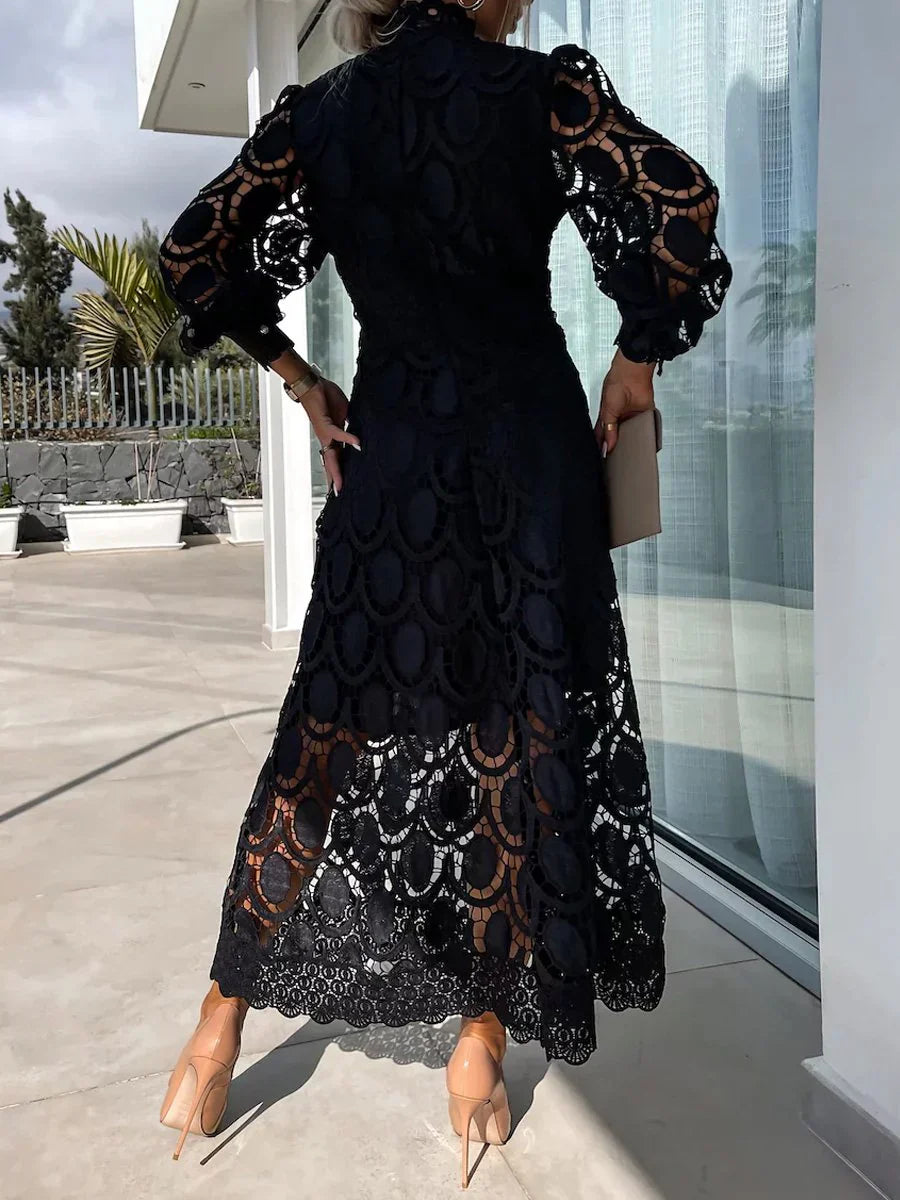 Deja Vu High-Neck Guipure Lace Midi Dress