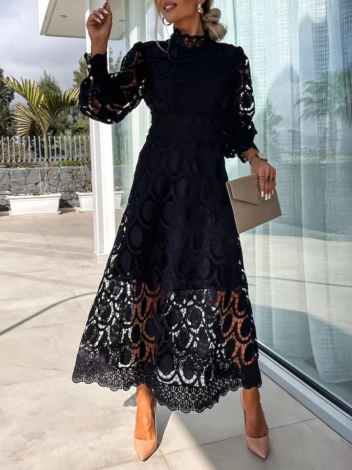 Deja Vu High-Neck Guipure Lace Midi Dress