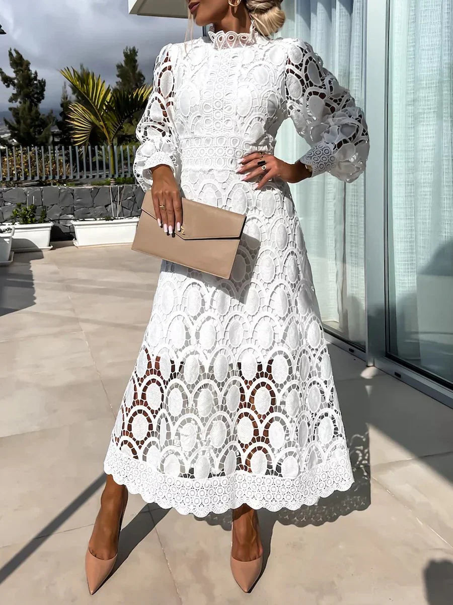 Deja Vu High-Neck Guipure Lace Midi Dress