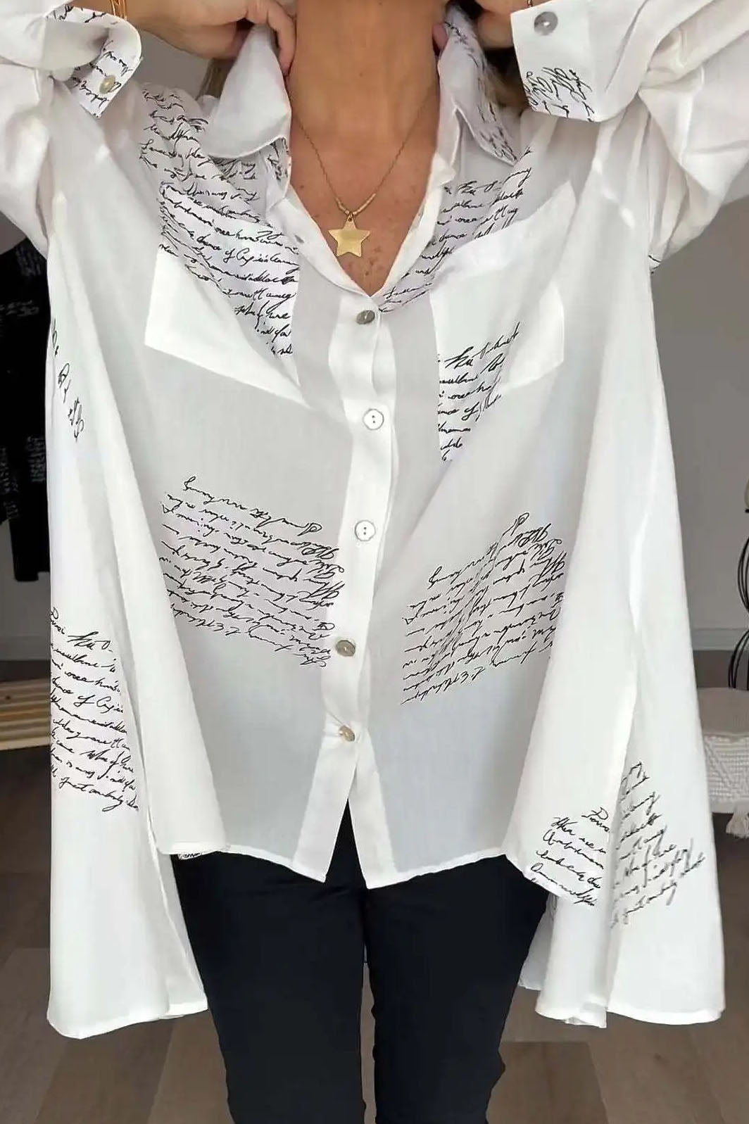 Odette Script Drop-Hem Blouse