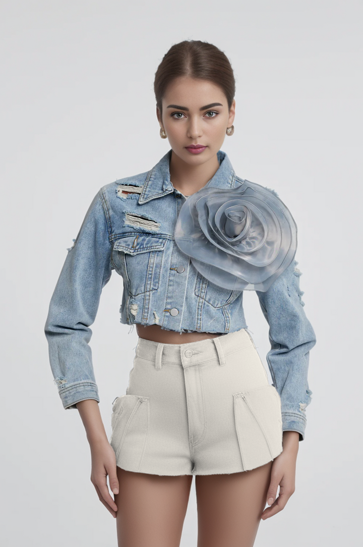 Rosette Cropped Denim Jacket